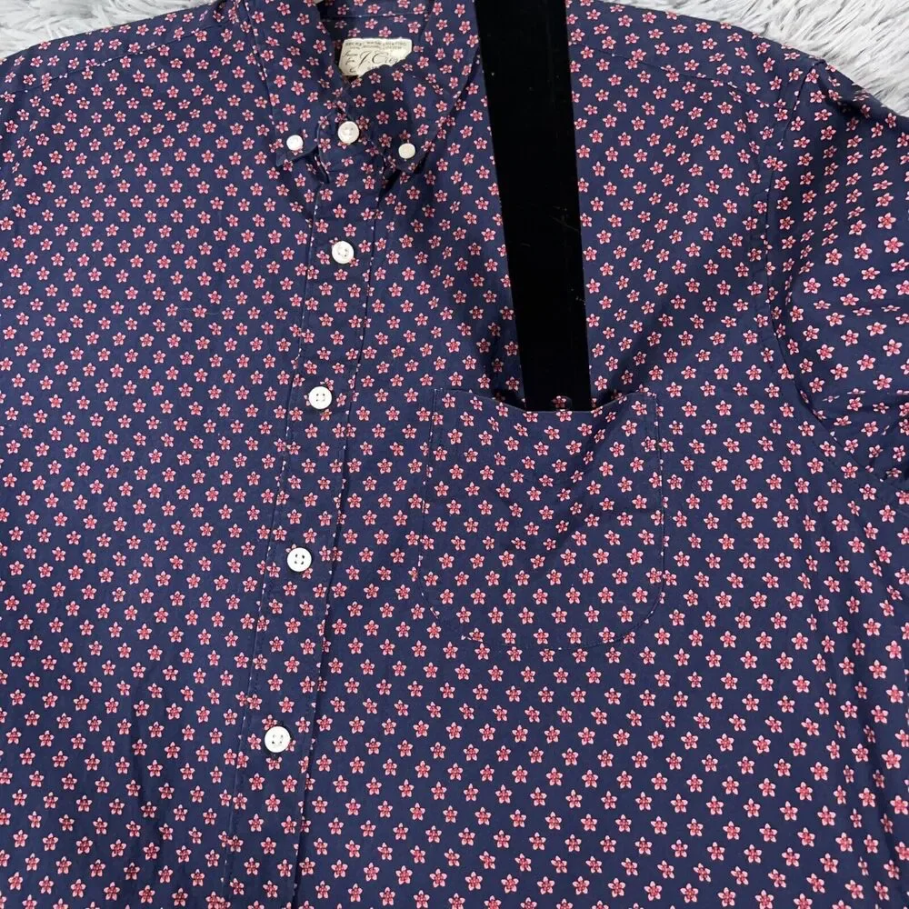 J Crew Adult Shirt Large Tall Blue Red Button Up Floral Stretch Classic Mens